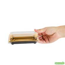 Wholesale Restaurantware Roku Rectangle Gold Plastic Take Out Sushi Tray - with Clear Lid - 5 1/4" X 3 1/4" X 1 1/2" - 100 Count Box- Bulk