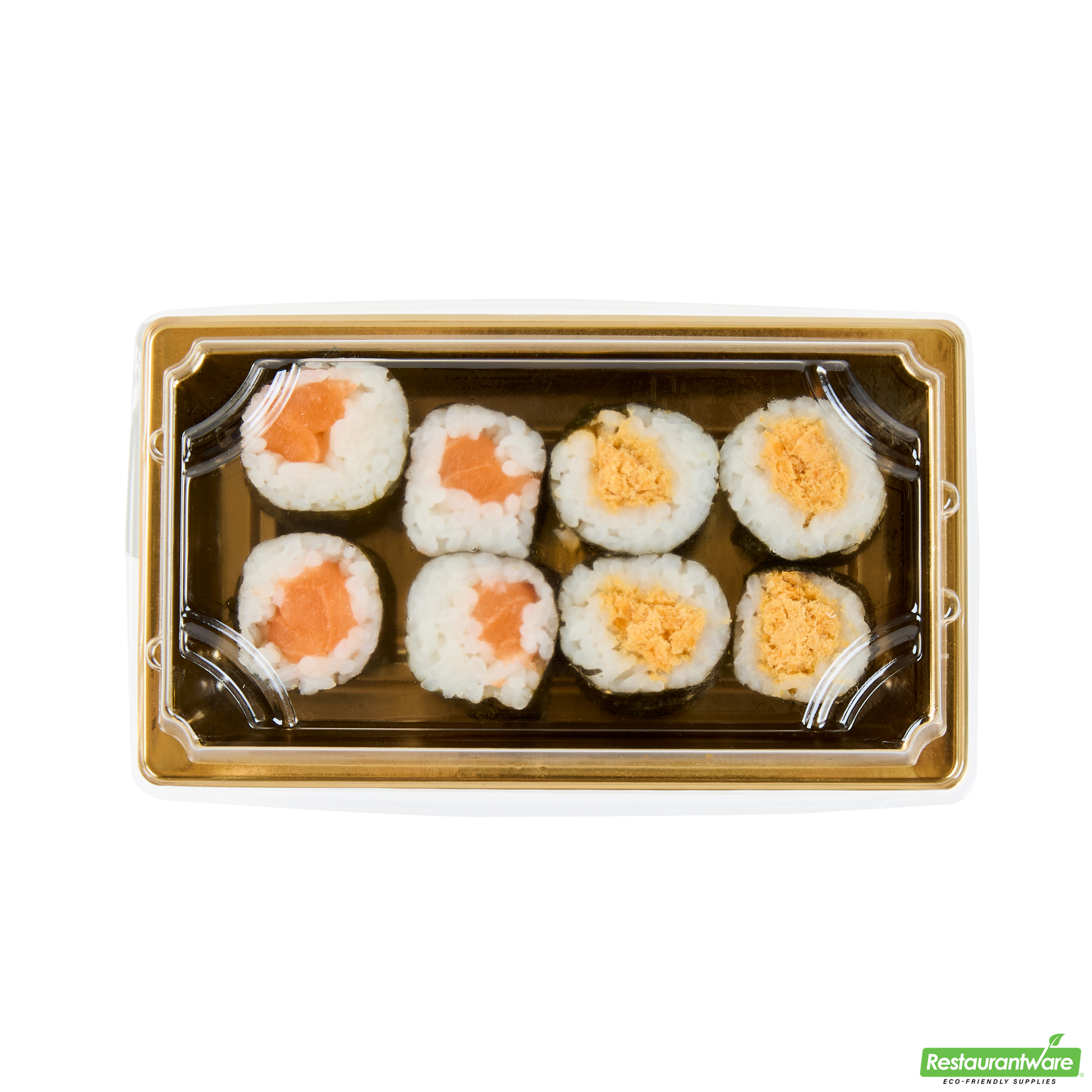 Wholesale Restaurantware Roku Rectangle Gold Plastic Take Out Sushi Tray - with Clear Lid - 5 1/4" X 3 1/4" X 1 1/2" - 100 Count Box- Bulk