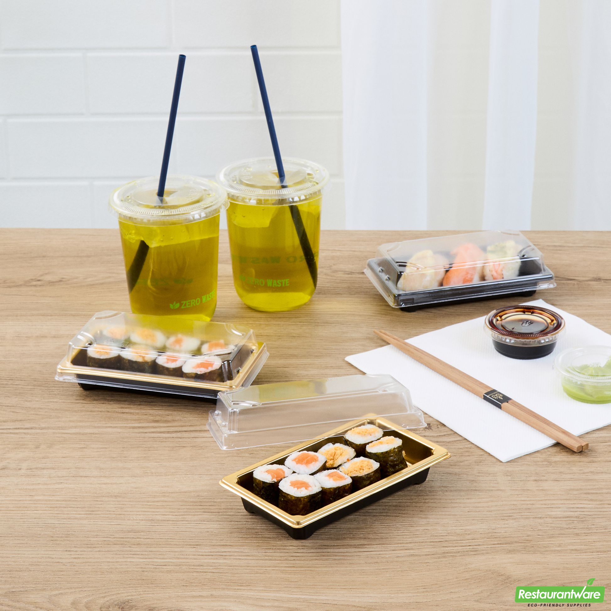 Wholesale Restaurantware Roku Rectangle Gold Plastic Take Out Sushi Tray - with Clear Lid - 5 1/4" X 3 1/4" X 1 1/2" - 100 Count Box- Bulk