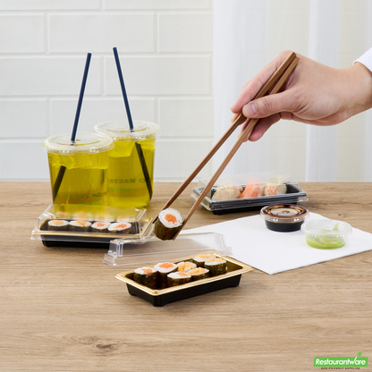 Wholesale Restaurantware Roku Rectangle Gold Plastic Take Out Sushi Tray - with Clear Lid - 5 1/4" X 3 1/4" X 1 1/2" - 100 Count Box- Bulk