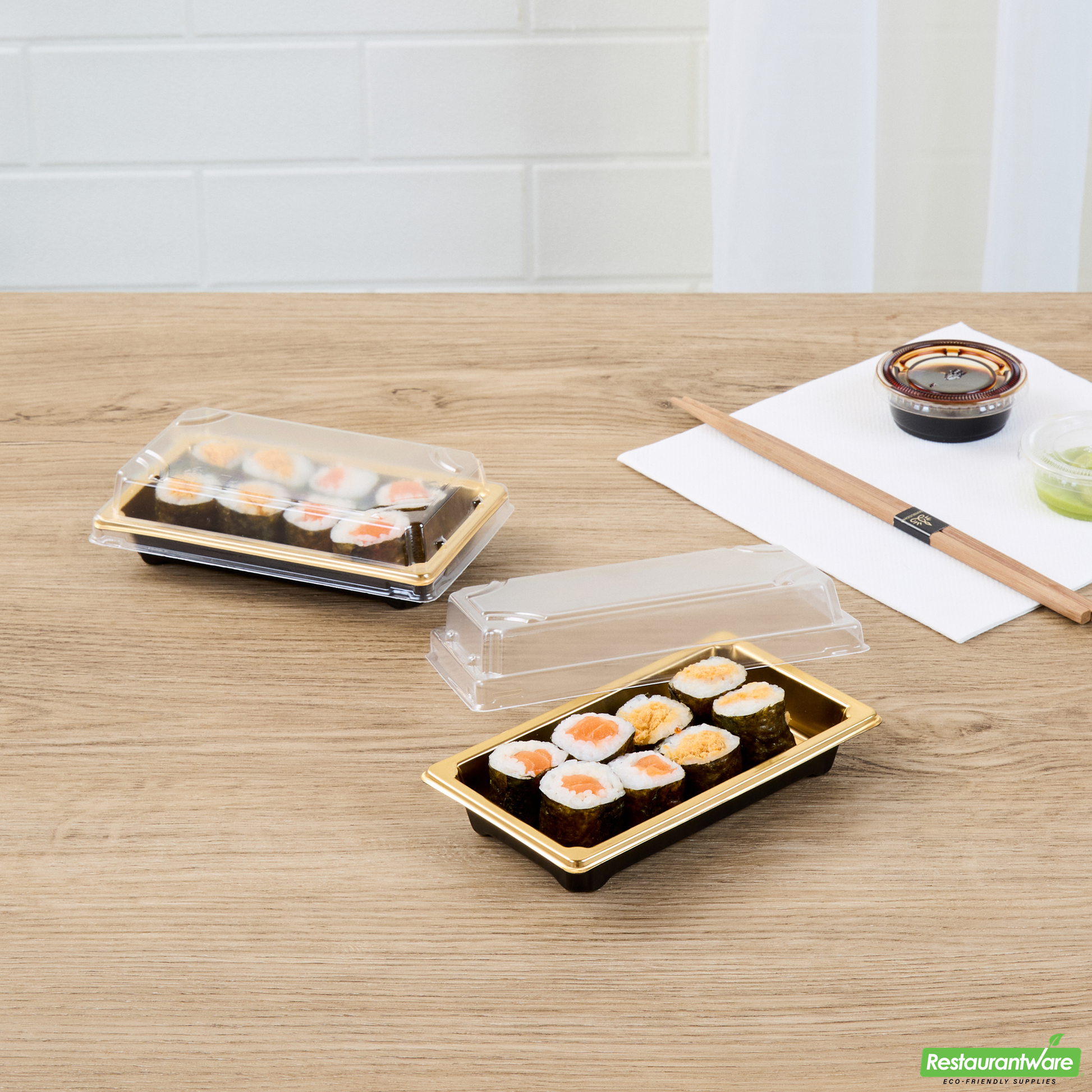 Wholesale Restaurantware Roku Rectangle Gold Plastic Take Out Sushi Tray - with Clear Lid - 5 1/4" X 3 1/4" X 1 1/2" - 100 Count Box- Bulk
