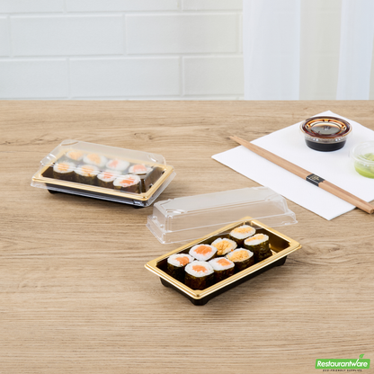 Wholesale Restaurantware Roku Rectangle Gold Plastic Take Out Sushi Tray - with Clear Lid - 5 1/4" X 3 1/4" X 1 1/2" - 100 Count Box- Bulk
