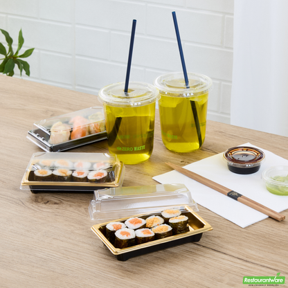 Wholesale Restaurantware Roku Rectangle Gold Plastic Take Out Sushi Tray - with Clear Lid - 5 1/4" X 3 1/4" X 1 1/2" - 100 Count Box- Bulk