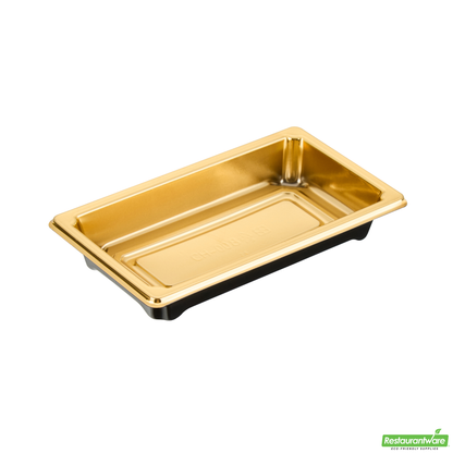 Wholesale Restaurantware Roku Rectangle Gold Plastic Take Out Sushi Tray - with Clear Lid - 5 1/4" X 3 1/4" X 1 1/2" - 100 Count Box- Bulk
