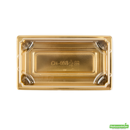 Wholesale Restaurantware Roku Rectangle Gold Plastic Take Out Sushi Tray - with Clear Lid - 5 1/4" X 3 1/4" X 1 1/2" - 100 Count Box- Bulk