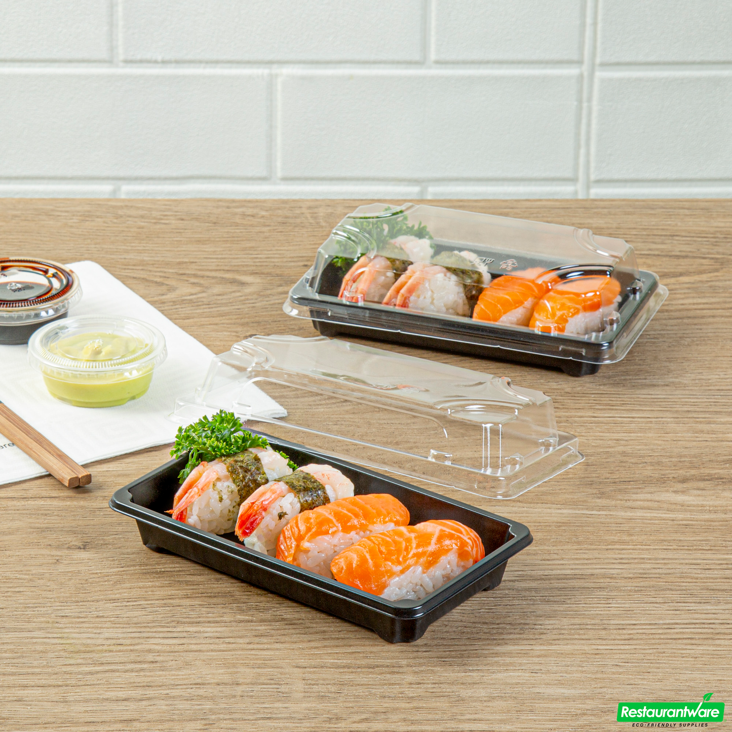 Wholesale Restaurantware Roku Rectangle Black Plastic Take Out Sushi Tray - with Clear Lid - 6" X 3 1/2" X 1 3/4" - 100 Count Box- Bulk