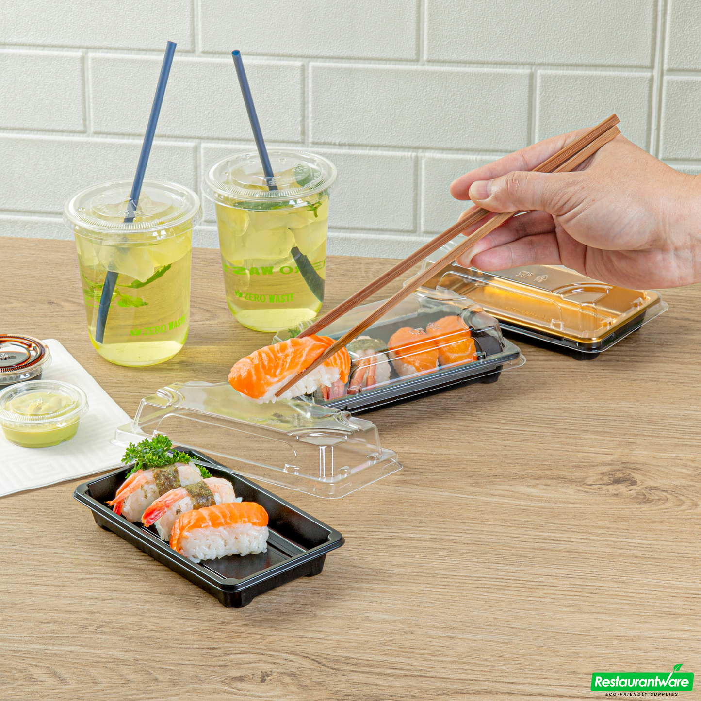 Wholesale Restaurantware Roku Rectangle Black Plastic Take Out Sushi Tray - with Clear Lid - 6" X 3 1/2" X 1 3/4" - 100 Count Box- Bulk