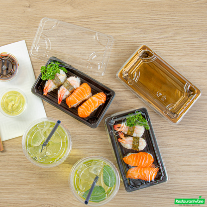 Wholesale Restaurantware Roku Rectangle Black Plastic Take Out Sushi Tray - with Clear Lid - 6" X 3 1/2" X 1 3/4" - 100 Count Box- Bulk