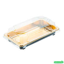 Wholesale Restaurantware Roku Rectangle Gold Plastic Take Out Sushi Tray - with Clear Lid - 6" X 3 1/2" X 1 3/4" - 100 Count Box- Bulk