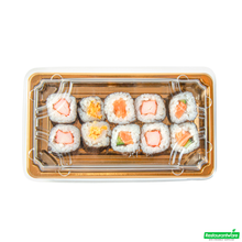 Wholesale Restaurantware Roku Rectangle Gold Plastic Take Out Sushi Tray - with Clear Lid - 6" X 3 1/2" X 1 3/4" - 100 Count Box- Bulk