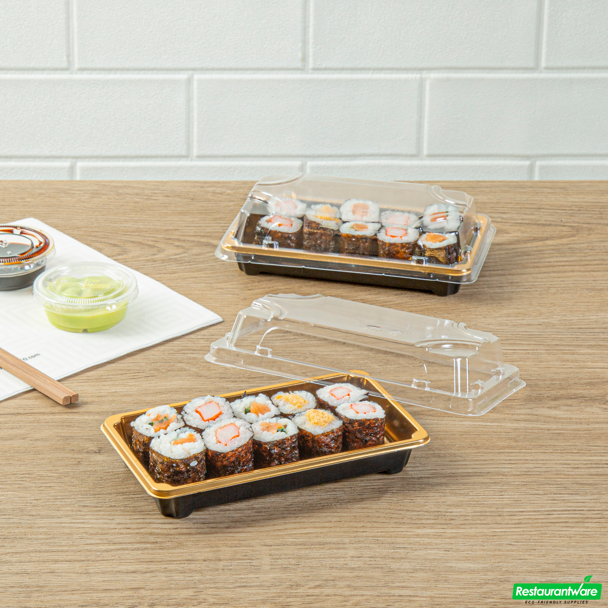 Wholesale Restaurantware Roku Rectangle Gold Plastic Take Out Sushi Tray - with Clear Lid - 6" X 3 1/2" X 1 3/4" - 100 Count Box- Bulk