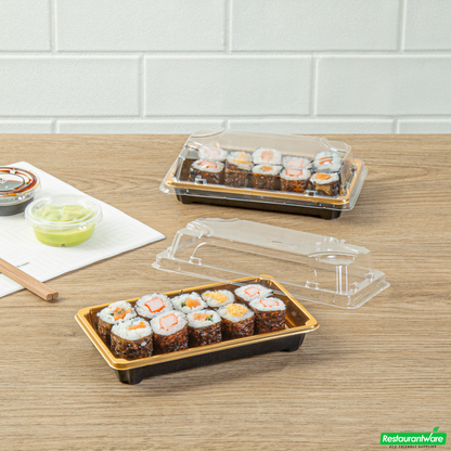 Wholesale Restaurantware Roku Rectangle Gold Plastic Take Out Sushi Tray - with Clear Lid - 6" X 3 1/2" X 1 3/4" - 100 Count Box- Bulk