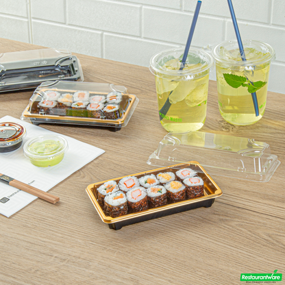 Wholesale Restaurantware Roku Rectangle Gold Plastic Take Out Sushi Tray - with Clear Lid - 6" X 3 1/2" X 1 3/4" - 100 Count Box- Bulk