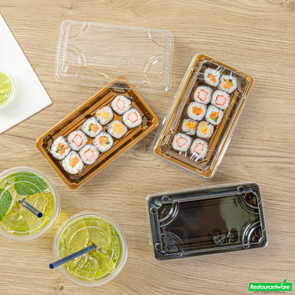 Wholesale Restaurantware Roku Rectangle Gold Plastic Take Out Sushi Tray - with Clear Lid - 6" X 3 1/2" X 1 3/4" - 100 Count Box- Bulk