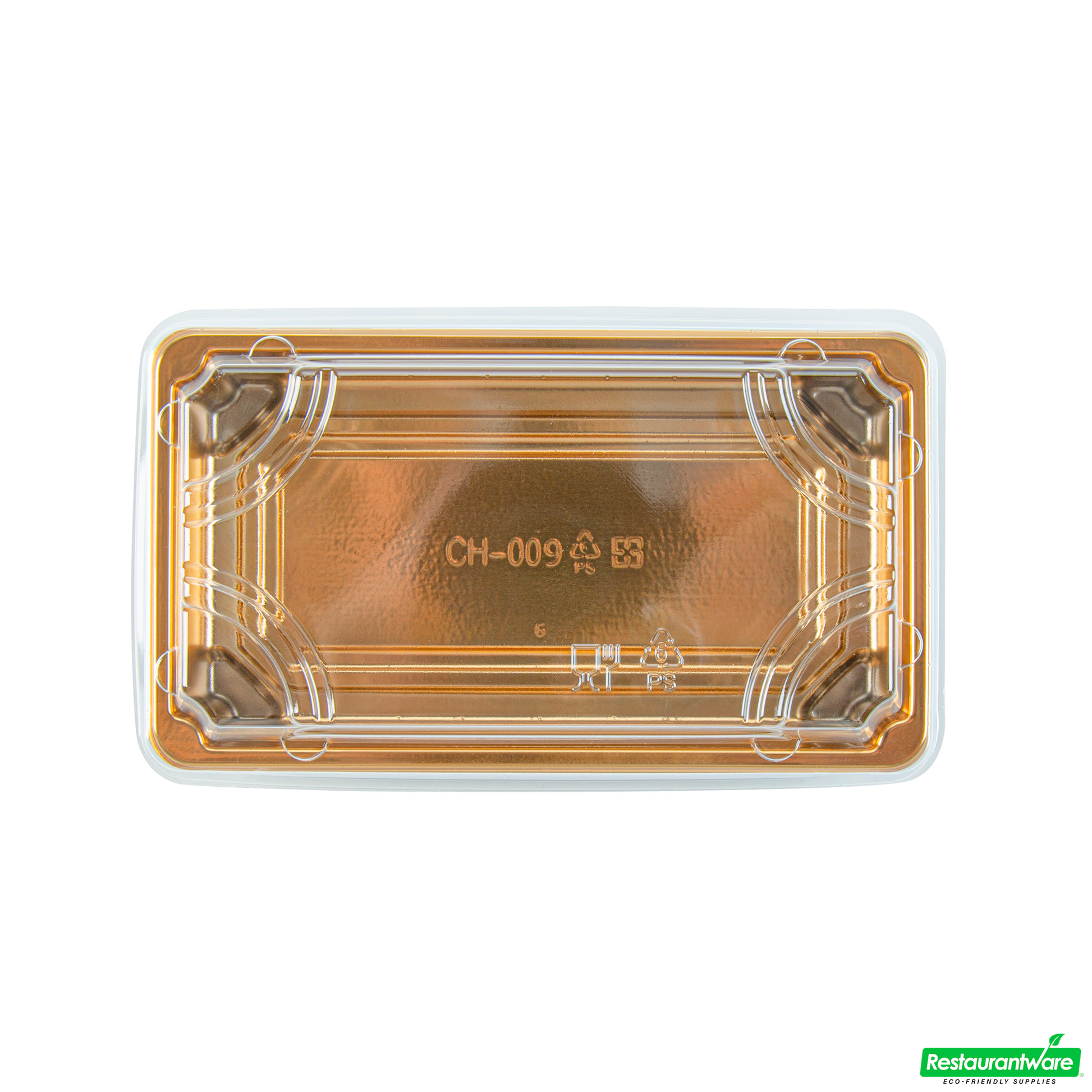 Wholesale Restaurantware Roku Rectangle Gold Plastic Take Out Sushi Tray - with Clear Lid - 6" X 3 1/2" X 1 3/4" - 100 Count Box- Bulk