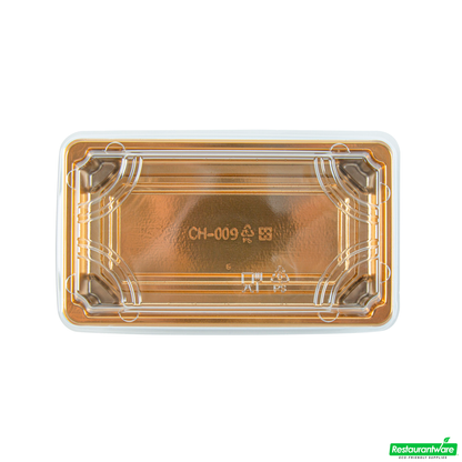 Wholesale Restaurantware Roku Rectangle Gold Plastic Take Out Sushi Tray - with Clear Lid - 6" X 3 1/2" X 1 3/4" - 100 Count Box- Bulk