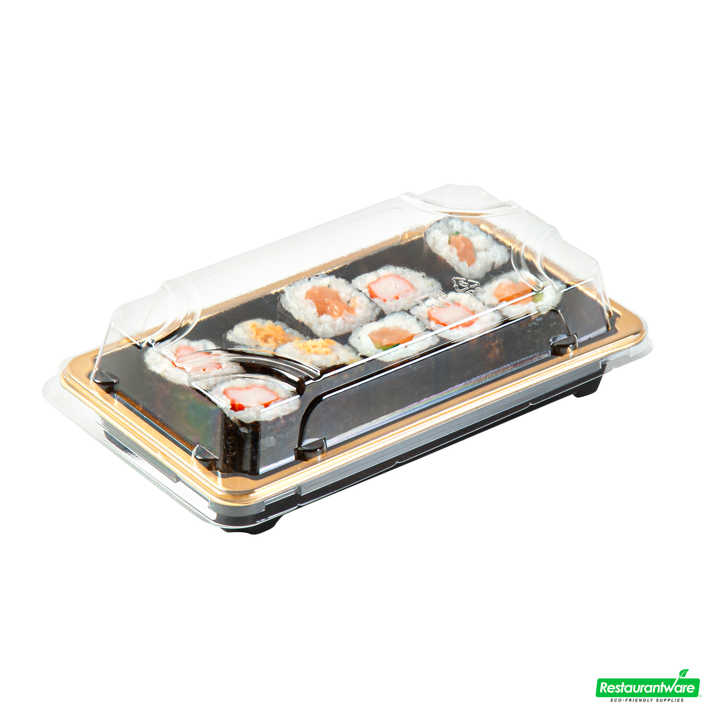 Wholesale Restaurantware Roku Rectangle Gold Plastic Take Out Sushi Tray - with Clear Lid - 6" X 3 1/2" X 1 3/4" - 100 Count Box- Bulk