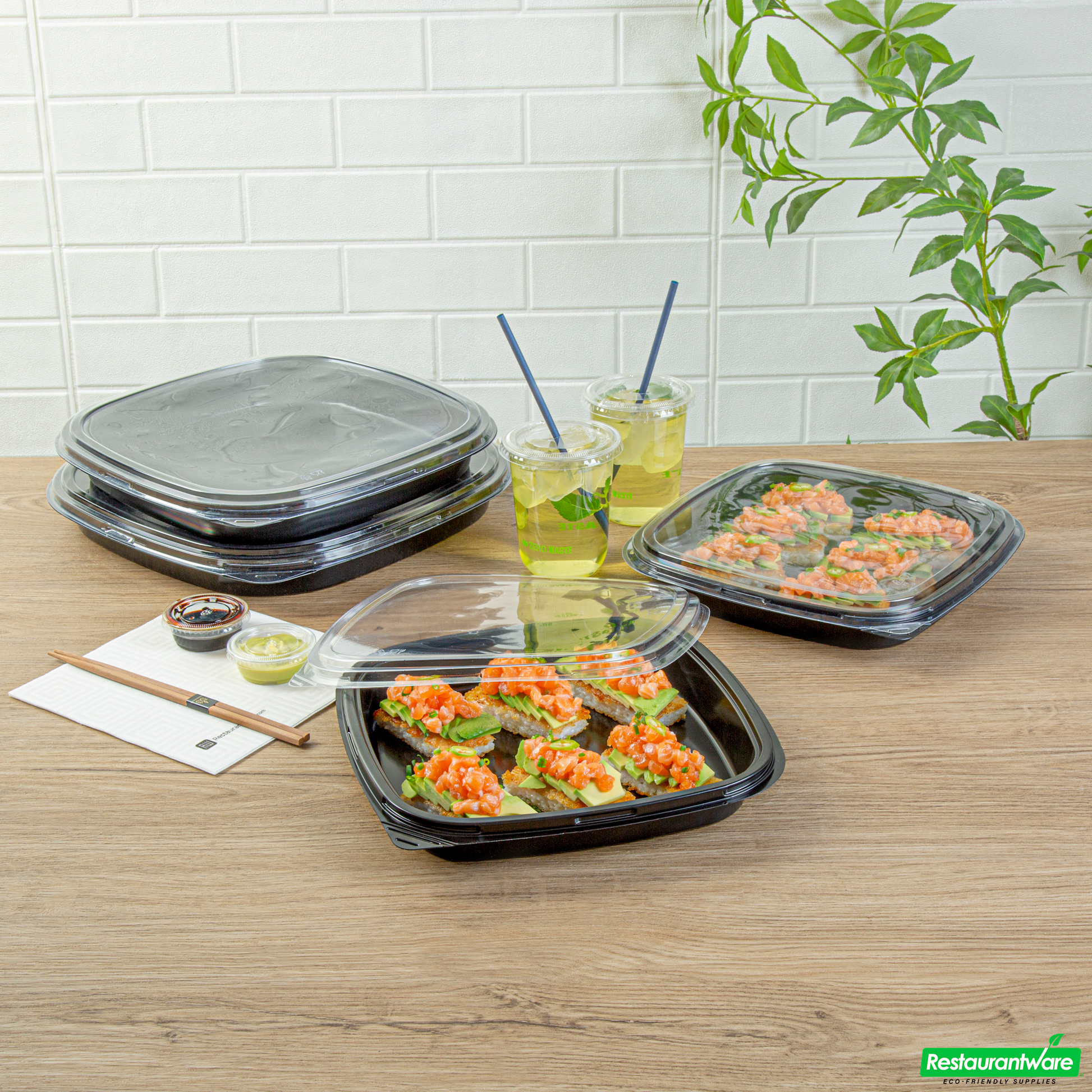 Wholesale Restaurantware Roku Square Black Plastic Take Out Sushi Tray - with Clear Lid - 10 3/4" X 10 3/4" X 1 3/4" - 50 Count Box- Bulk