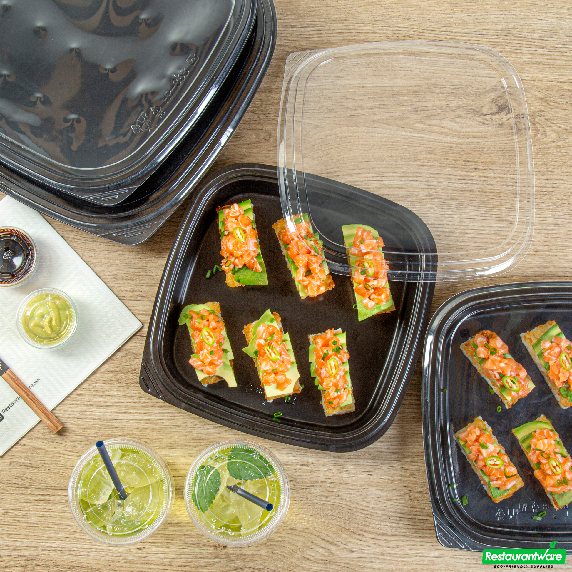 Wholesale Restaurantware Roku Square Black Plastic Take Out Sushi Tray - with Clear Lid - 10 3/4" X 10 3/4" X 1 3/4" - 100 Count Box- Bulk