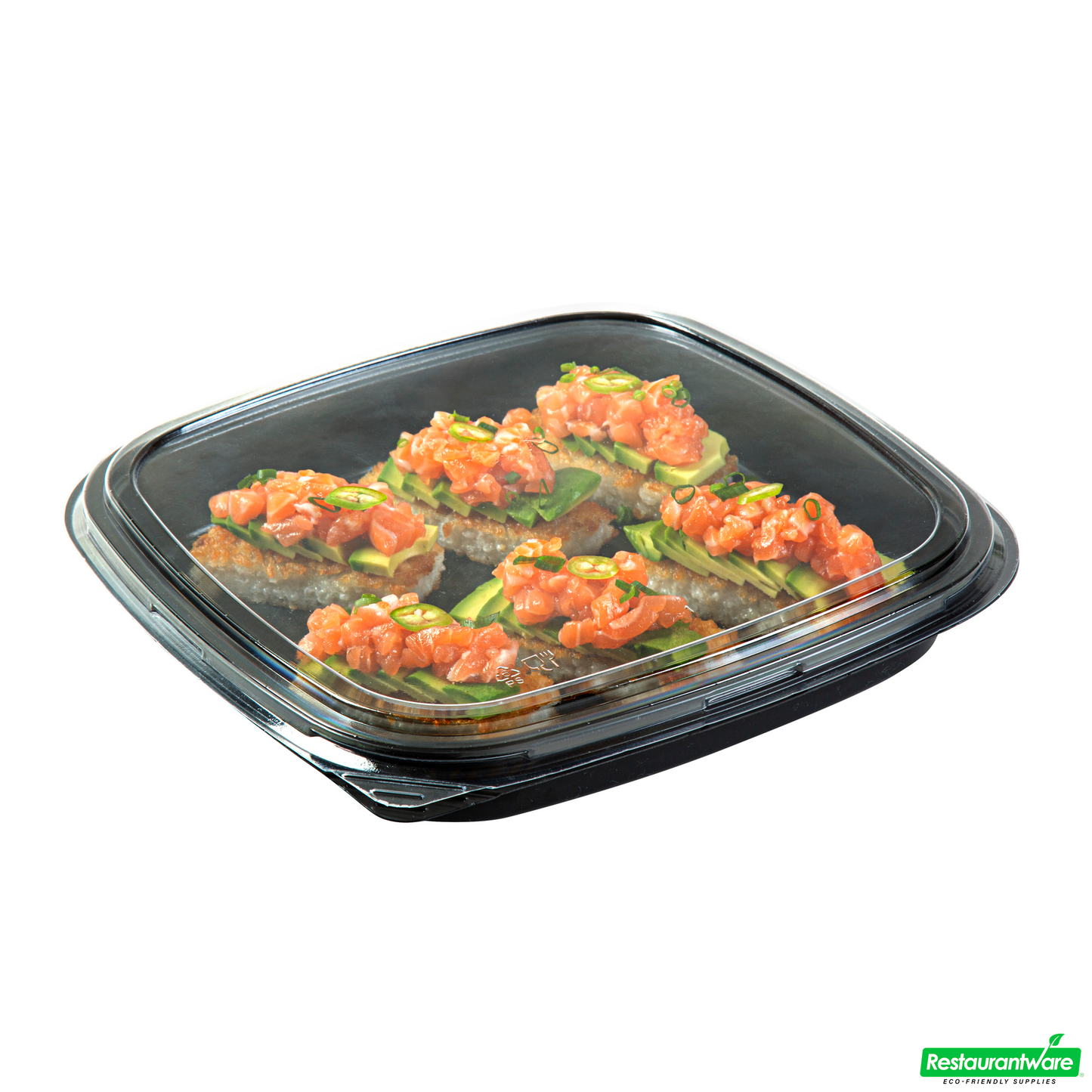 Wholesale Restaurantware Roku Square Black Plastic Take Out Sushi Tray - with Clear Lid - 10 3/4" X 10 3/4" X 1 3/4" - 100 Count Box- Bulk