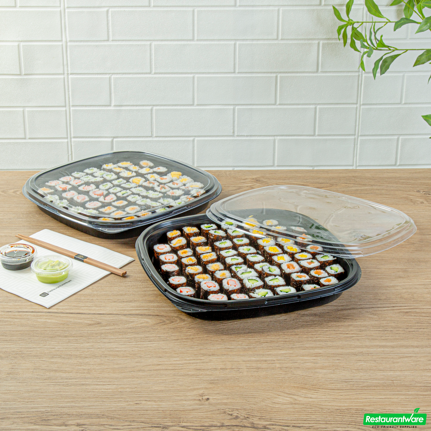 Wholesale Restaurantware Roku Square Black Plastic Take Out Sushi Tray - with Clear Lid - 12 1/2" X 12 1/2" X 1 3/4" - 50 Count Box- Bulk