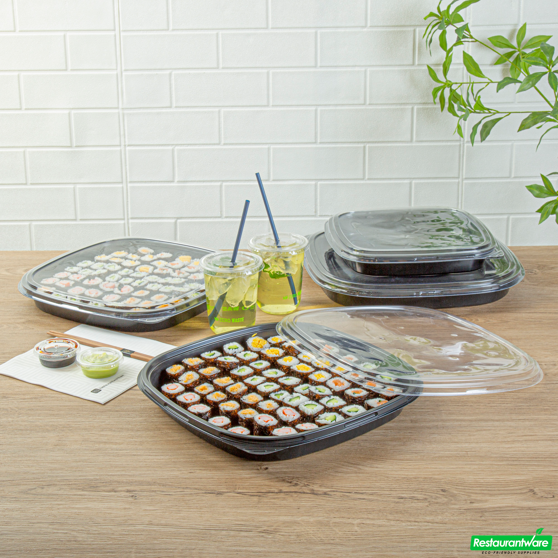 Wholesale Restaurantware Roku Square Black Plastic Take Out Sushi Tray - with Clear Lid - 12 1/2" X 12 1/2" X 1 3/4" - 50 Count Box- Bulk