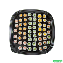 Wholesale Restaurantware Roku Square Black Plastic Take Out Sushi Tray - with Clear Lid - 12 1/2" X 12 1/2" X 1 3/4" - 100 Count Box- Bulk