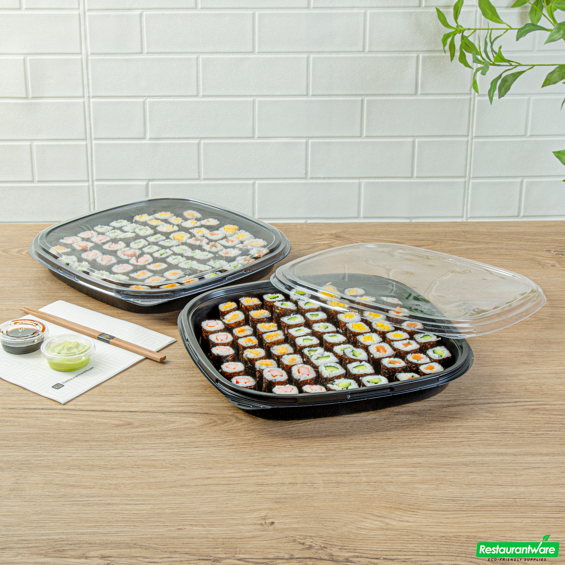 Wholesale Restaurantware Roku Square Black Plastic Take Out Sushi Tray - with Clear Lid - 12 1/2" X 12 1/2" X 1 3/4" - 100 Count Box- Bulk