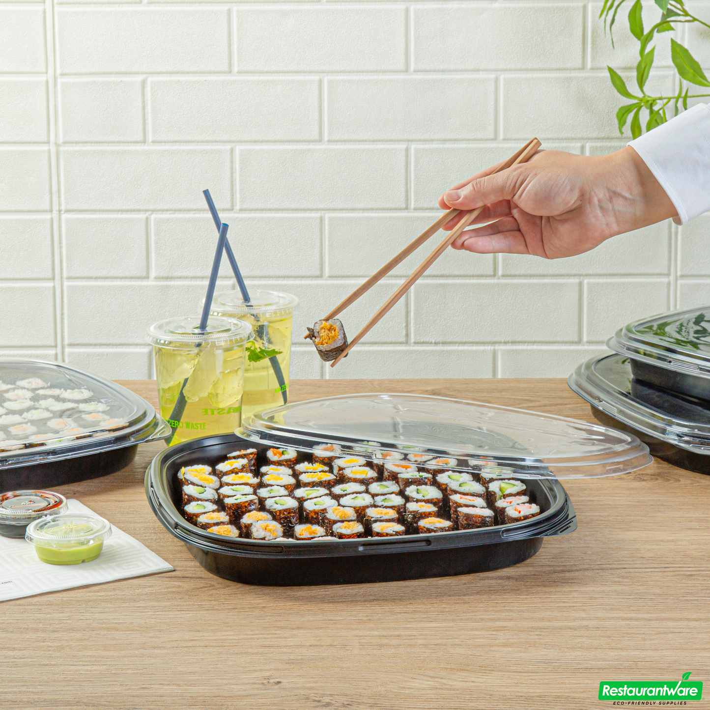 Wholesale Restaurantware Roku Square Black Plastic Take Out Sushi Tray - with Clear Lid - 12 1/2" X 12 1/2" X 1 3/4" - 100 Count Box- Bulk