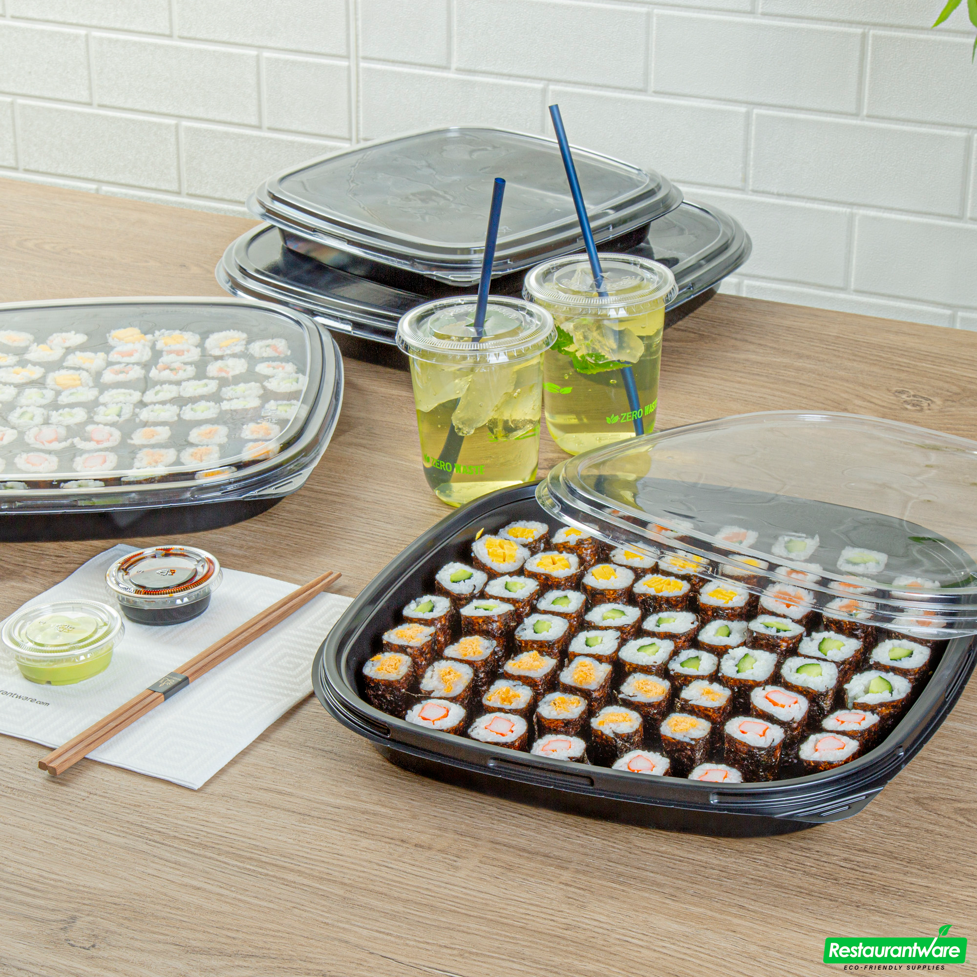 Wholesale Restaurantware Roku Square Black Plastic Take Out Sushi Tray - with Clear Lid - 12 1/2" X 12 1/2" X 1 3/4" - 100 Count Box- Bulk