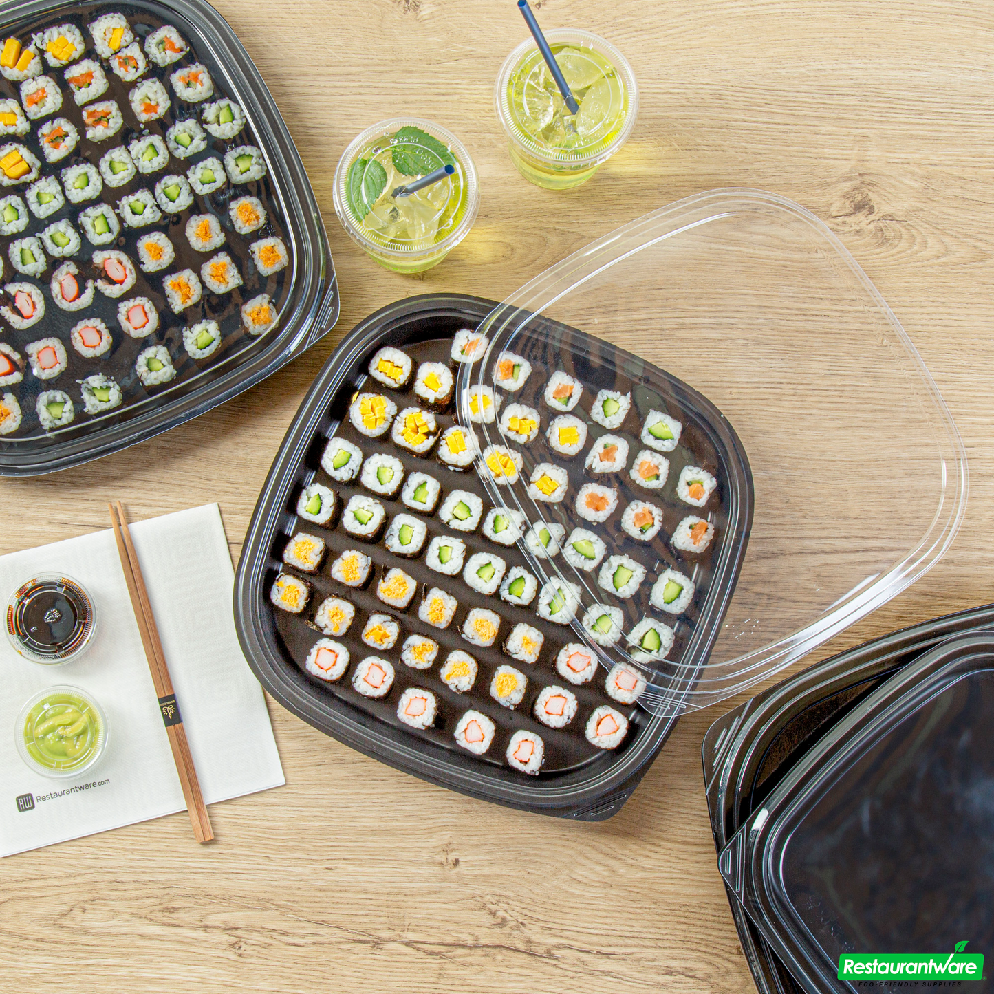 Wholesale Restaurantware Roku Square Black Plastic Take Out Sushi Tray - with Clear Lid - 12 1/2" X 12 1/2" X 1 3/4" - 100 Count Box- Bulk