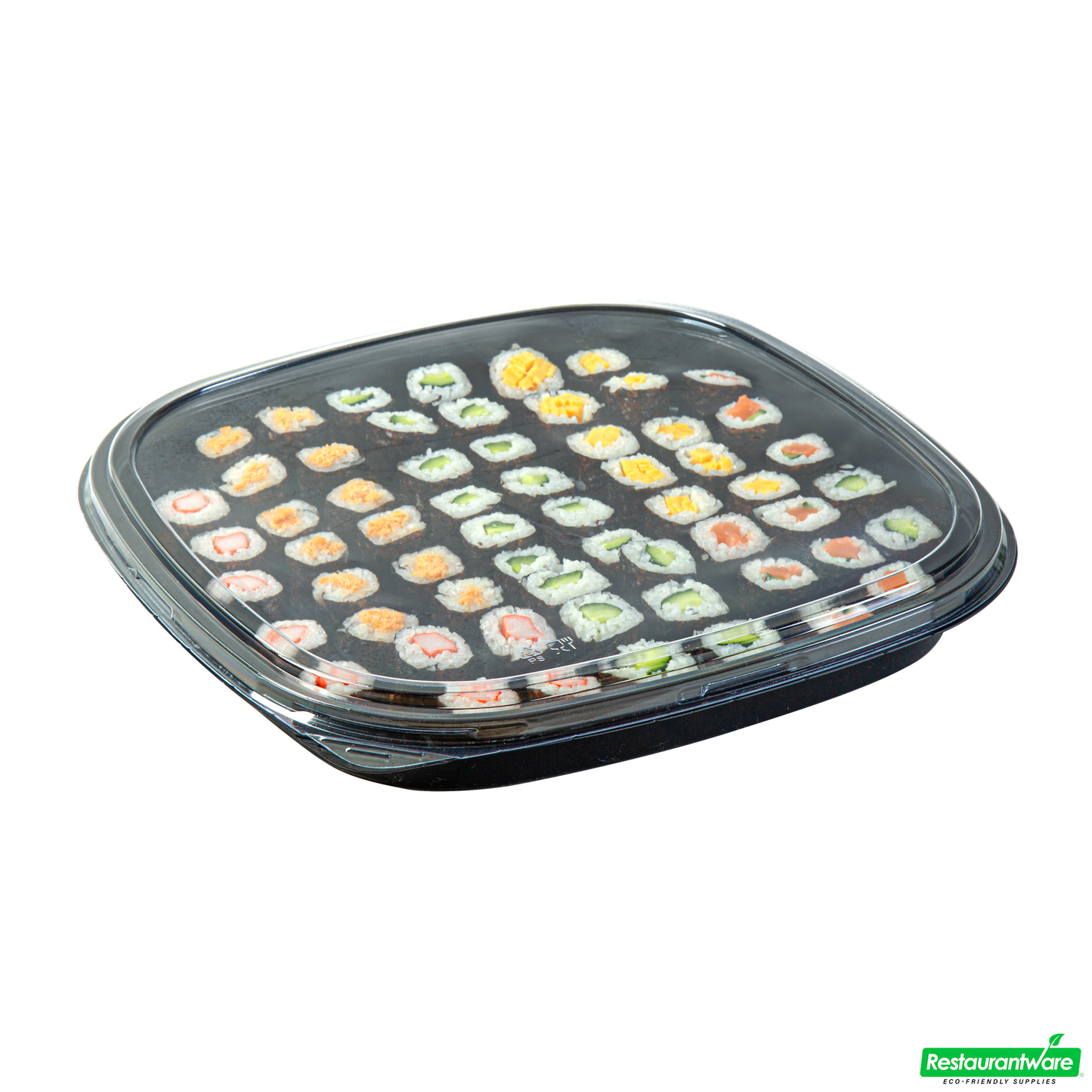 Wholesale Restaurantware Roku Square Black Plastic Take Out Sushi Tray - with Clear Lid - 12 1/2" X 12 1/2" X 1 3/4" - 100 Count Box- Bulk