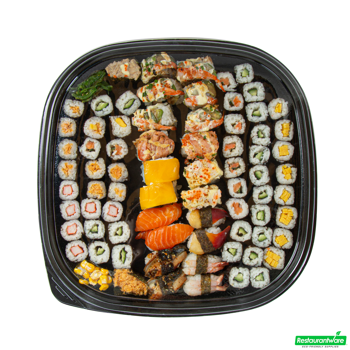 Wholesale Restaurantware Roku Square Black Plastic Take Out Sushi Tray - with Clear Lid - 13 1/2" X 13 1/2" X 1 3/4" - 50 Count Box- Bulk