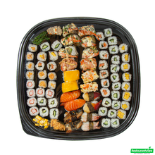 Wholesale Restaurantware Roku Square Black Plastic Take Out Sushi Tray - with Clear Lid - 13 1/2" X 13 1/2" X 1 3/4" - 50 Count Box- Bulk