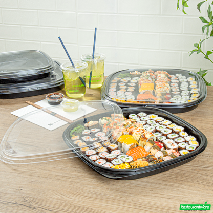 Wholesale Restaurantware Roku Square Black Plastic Take Out Sushi Tray - with Clear Lid - 13 1/2" X 13 1/2" X 1 3/4" - 50 Count Box- Bulk