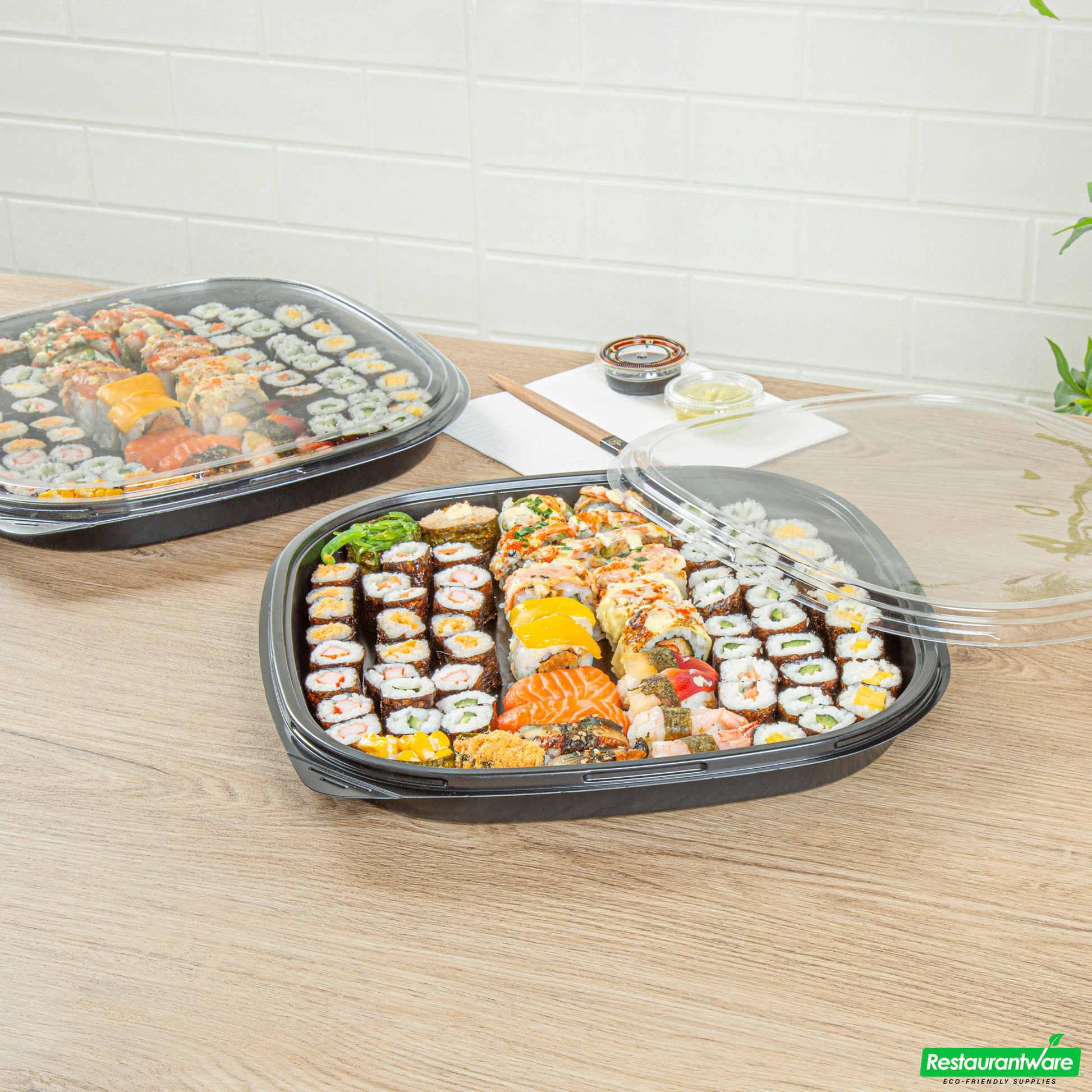 Wholesale Restaurantware Roku Square Black Plastic Take Out Sushi Tray - with Clear Lid - 13 1/2" X 13 1/2" X 1 3/4" - 50 Count Box- Bulk
