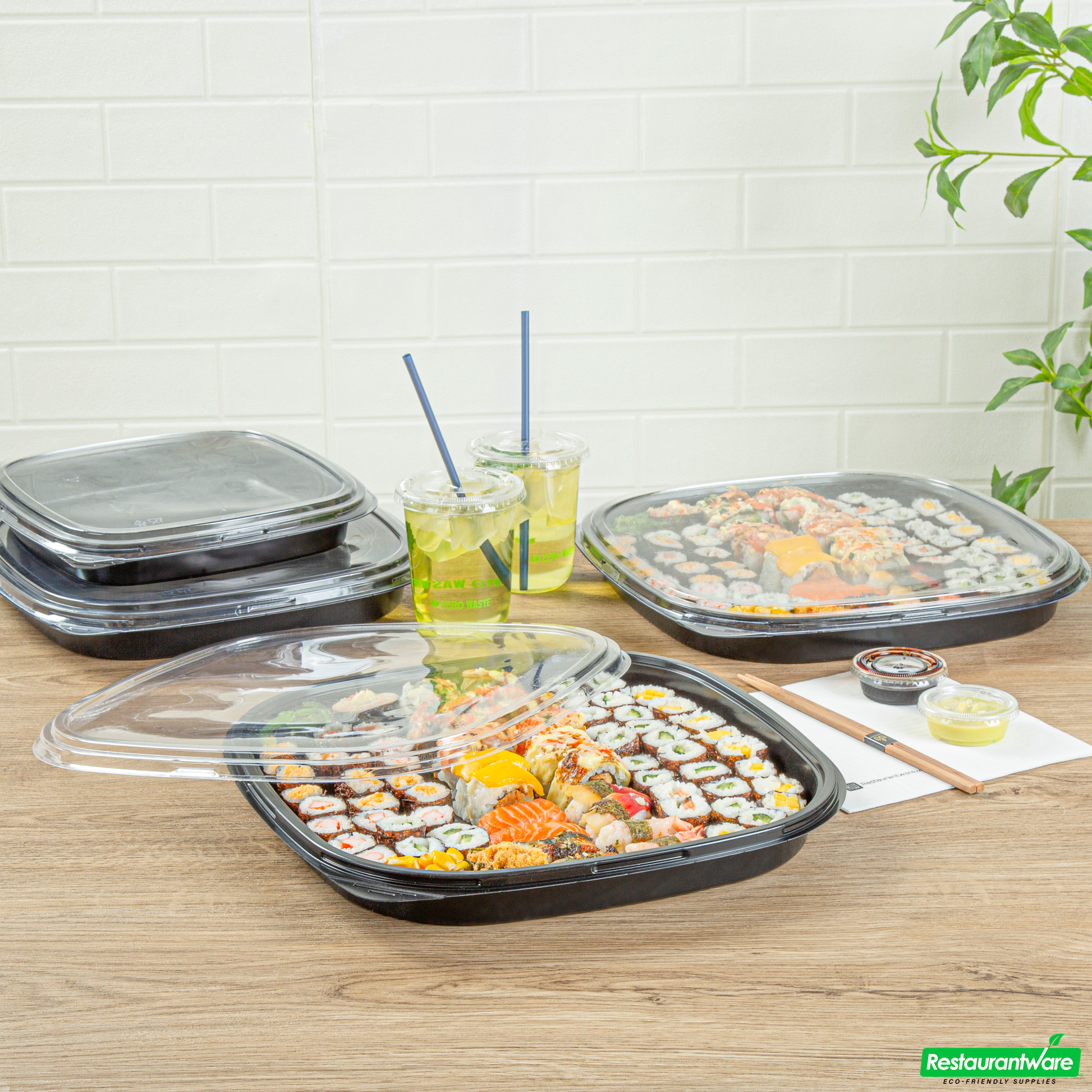 Wholesale Restaurantware Roku Square Black Plastic Take Out Sushi Tray - with Clear Lid - 13 1/2" X 13 1/2" X 1 3/4" - 50 Count Box- Bulk