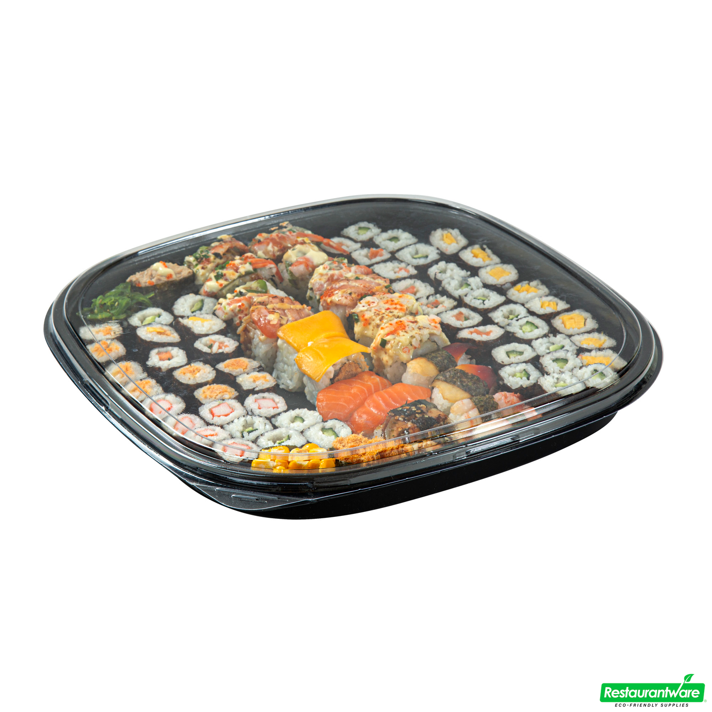 Wholesale Restaurantware Roku Square Black Plastic Take Out Sushi Tray - with Clear Lid - 13 1/2" X 13 1/2" X 1 3/4" - 50 Count Box- Bulk