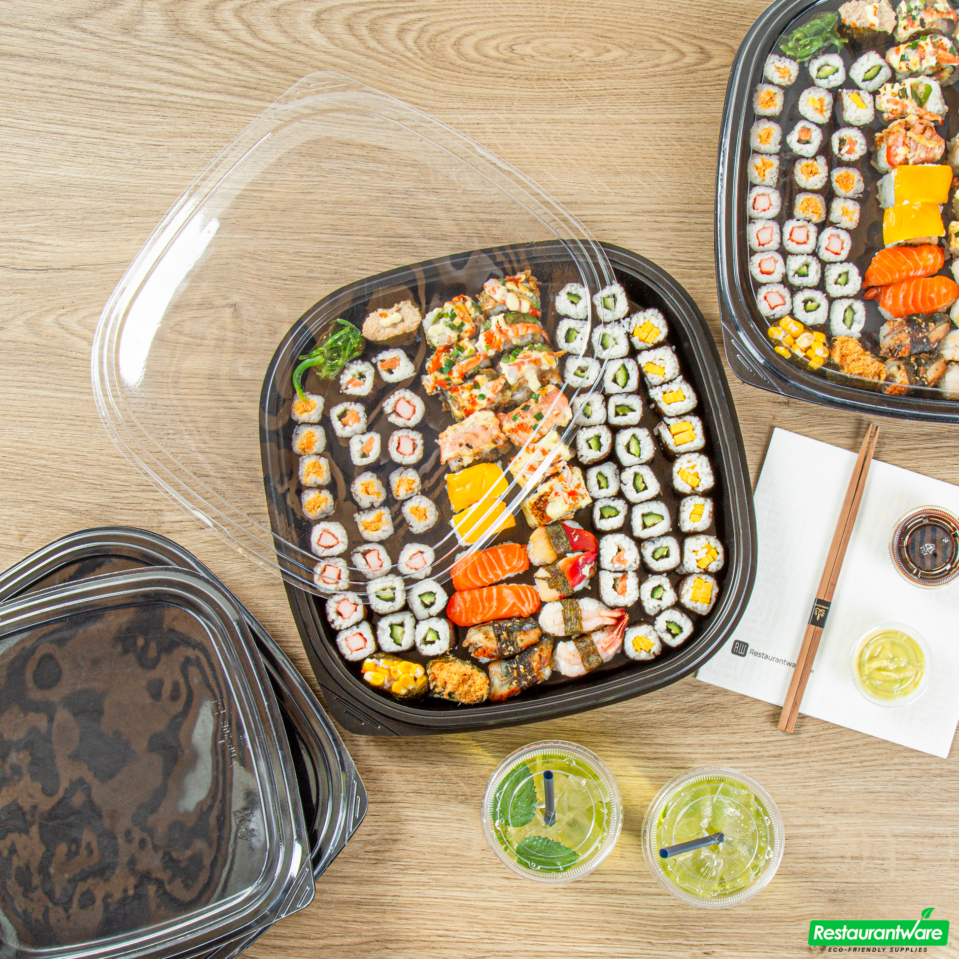 Wholesale Restaurantware Roku Square Black Plastic Take Out Sushi Tray - with Clear Lid - 13 1/2" X 13 1/2" X 1 3/4" - 100 Count Box- Bulk