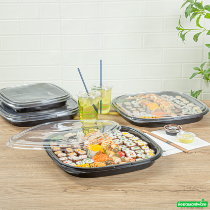 Wholesale Restaurantware Roku Square Black Plastic Take Out Sushi Tray - with Clear Lid - 13 1/2" X 13 1/2" X 1 3/4" - 100 Count Box- Bulk