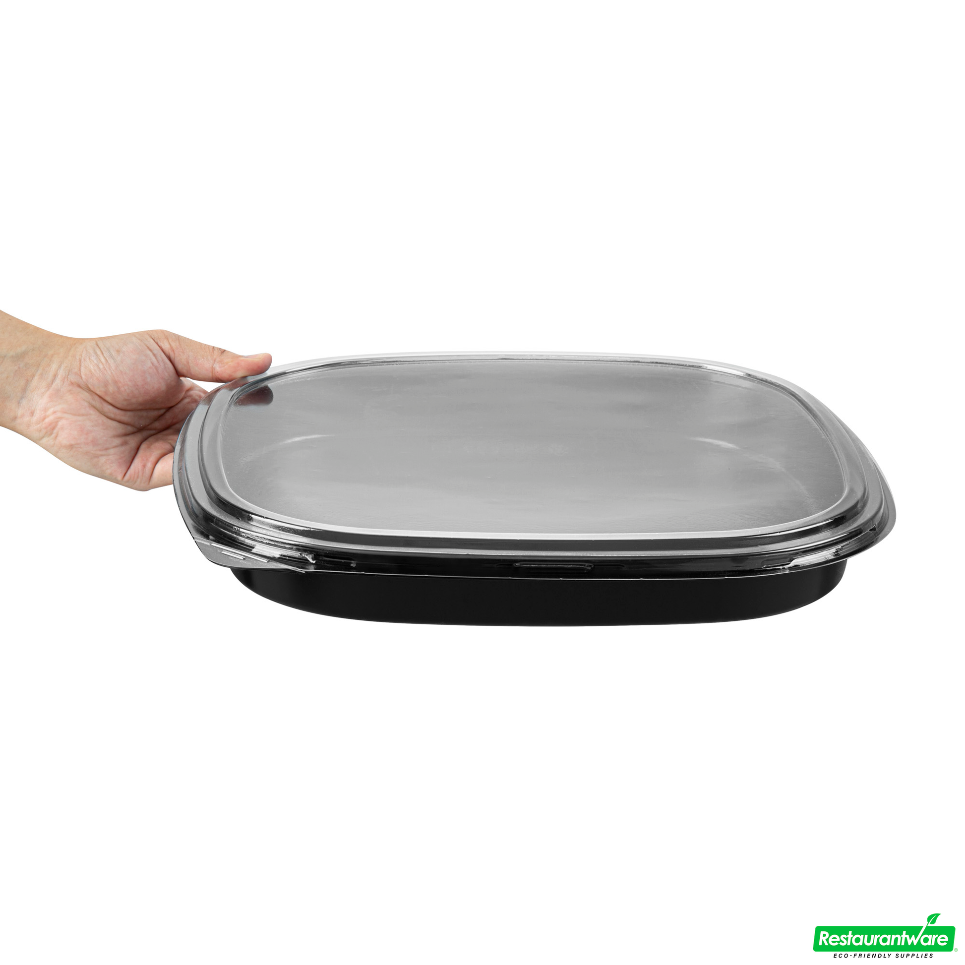 Wholesale Restaurantware Roku Square Black Plastic Take Out Sushi Tray - with Clear Lid - 13 1/2" X 13 1/2" X 1 3/4" - 100 Count Box- Bulk
