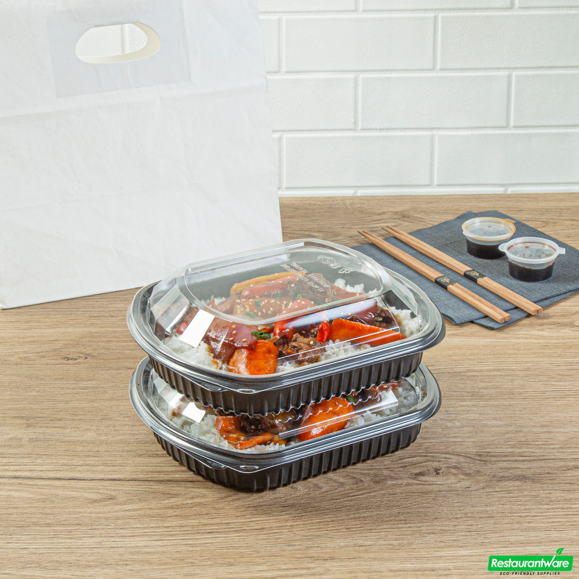 Wholesale Restaurantware 36 Oz Rectangle Black Plastic Food Container - with Clear Lid, Microwavable - 9 1/4" X 7 3/4" X 2 3/4" - 50 Count Box- Bulk