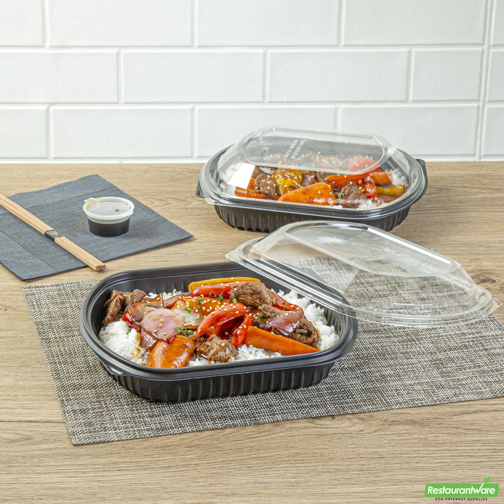 Wholesale Restaurantware 36 Oz Rectangle Black Plastic Food Container - with Clear Lid, Microwavable - 9 1/4" X 7 3/4" X 2 3/4" - 100 Count Box- Bulk