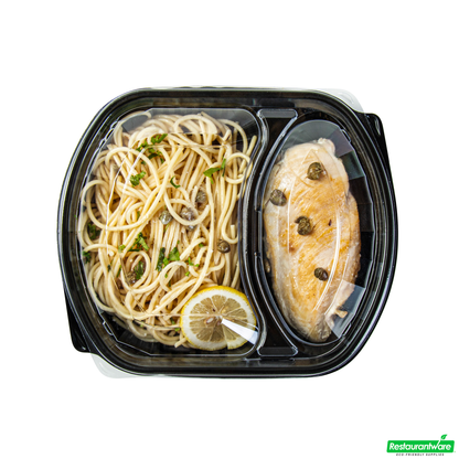 Wholesale Restaurantware 36 Oz Rectangle Black Plastic Food Container - with Clear Lid, Microwavable, 2 Compartments - 9 1/4" X 8" X 2 3/4" - 50 Count Box- Bulk