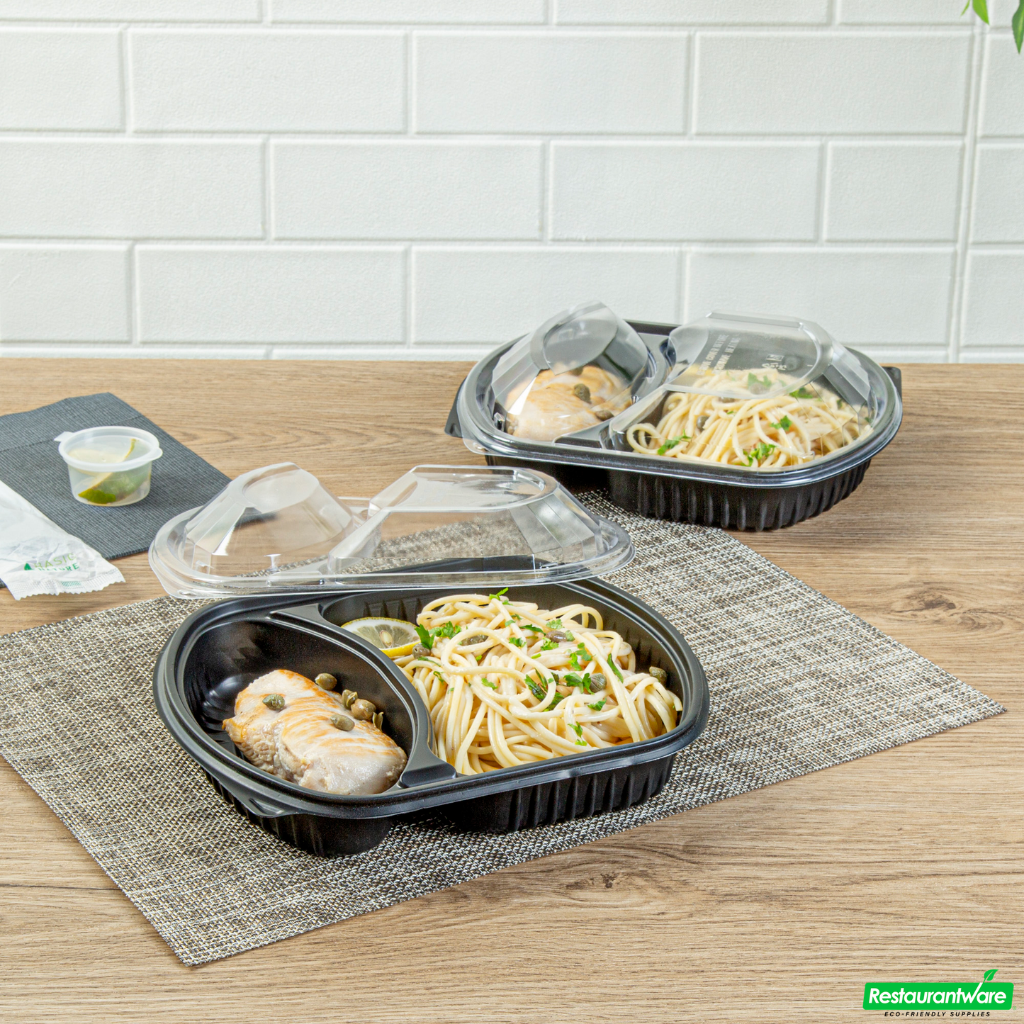 Wholesale Restaurantware 36 Oz Rectangle Black Plastic Food Container - with Clear Lid, Microwavable, 2 Compartments - 9 1/4" X 8" X 2 3/4" - 50 Count Box- Bulk