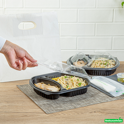Wholesale Restaurantware 36 Oz Rectangle Black Plastic Food Container - with Clear Lid, Microwavable, 2 Compartments - 9 1/4" X 8" X 2 3/4" - 50 Count Box- Bulk