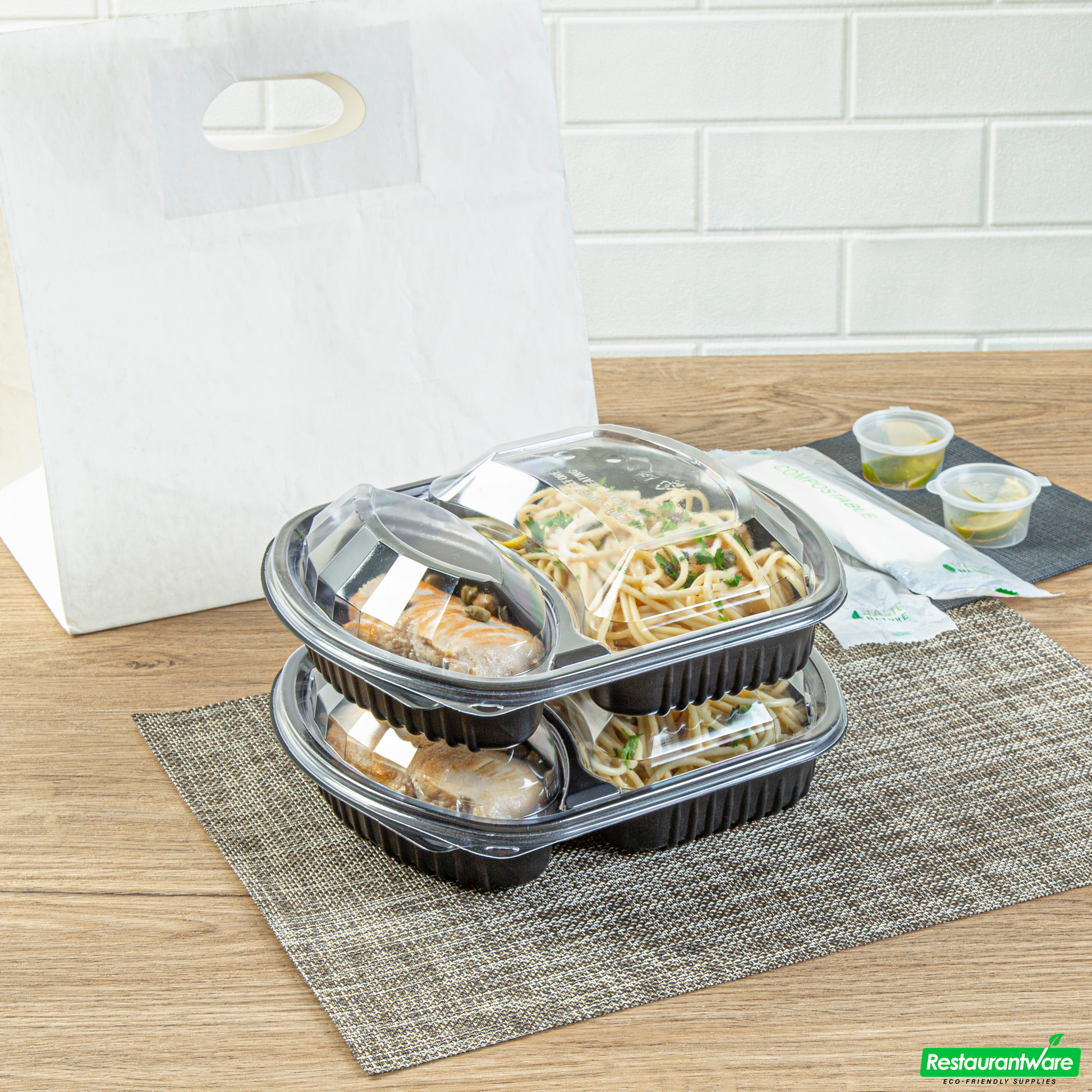 Wholesale Restaurantware 36 Oz Rectangle Black Plastic Food Container - with Clear Lid, Microwavable, 2 Compartments - 9 1/4" X 8" X 2 3/4" - 50 Count Box- Bulk