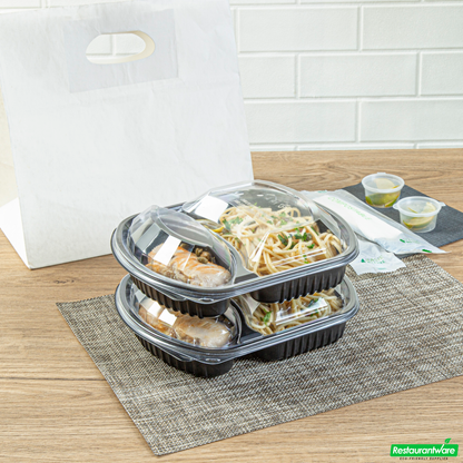 Wholesale Restaurantware 36 Oz Rectangle Black Plastic Food Container - with Clear Lid, Microwavable, 2 Compartments - 9 1/4" X 8" X 2 3/4" - 50 Count Box- Bulk