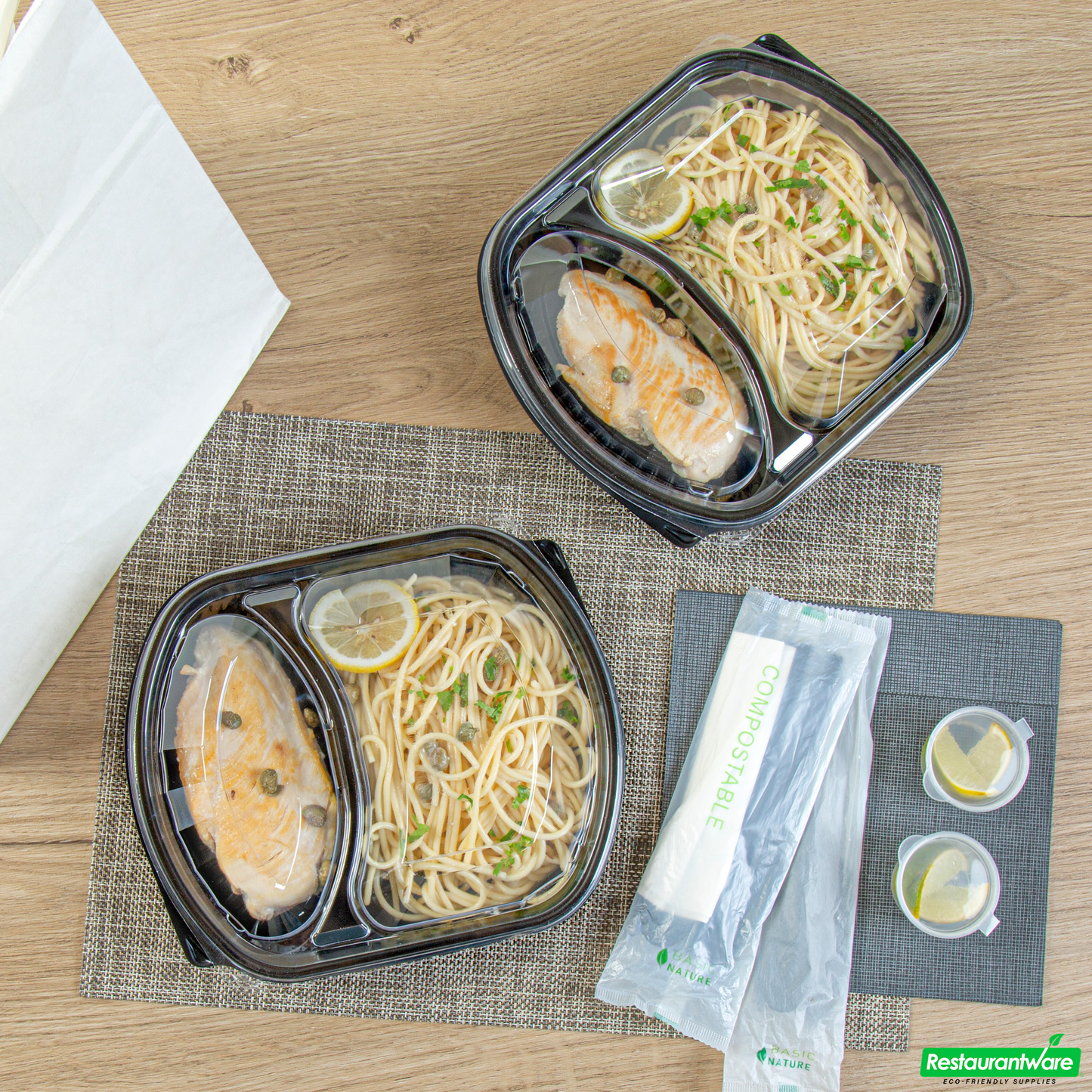 Wholesale Restaurantware 36 Oz Rectangle Black Plastic Food Container - with Clear Lid, Microwavable, 2 Compartments - 9 1/4" X 8" X 2 3/4" - 50 Count Box- Bulk