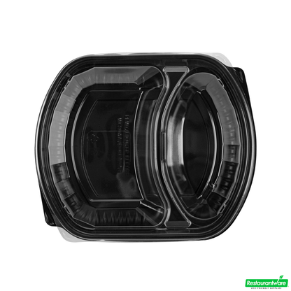Wholesale Restaurantware 36 Oz Rectangle Black Plastic Food Container - with Clear Lid, Microwavable, 2 Compartments - 9 1/4" X 8" X 2 3/4" - 50 Count Box- Bulk